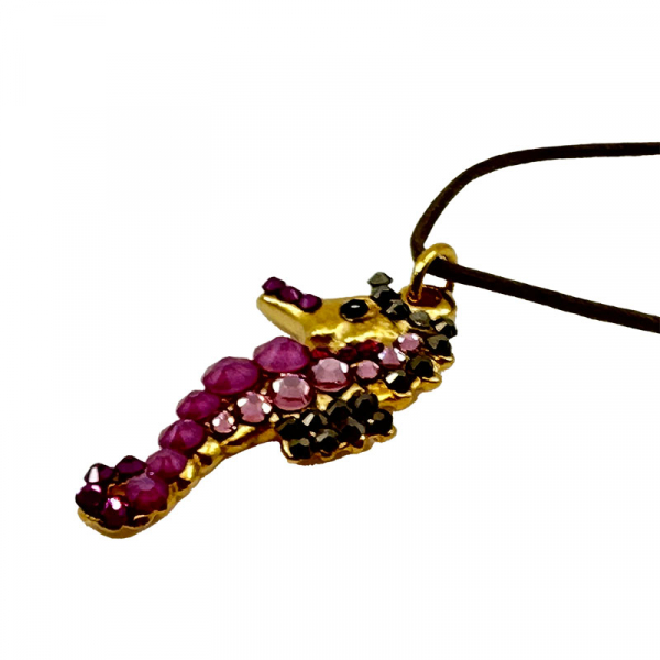 Ekaterini necklace, seahorse, pink Swarovski crystals brown cord and with gold accents, side